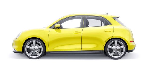 Κίτρινο χαριτωμένο μικρό ηλεκτρικό αυτοκίνητο hatchback. 3D απεικόνιση - Φωτογραφία, εικόνα