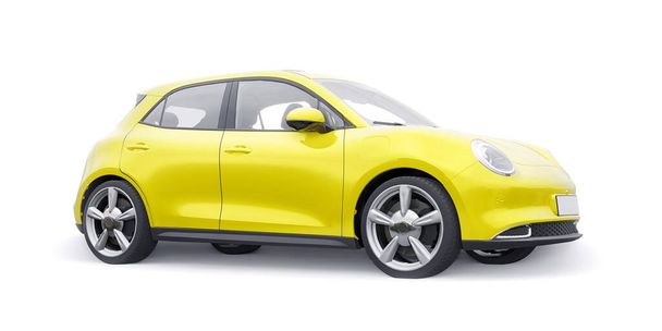 Sarı, şirin elektrikli hatchback araba. 3B illüstrasyon - Fotoğraf, Görsel