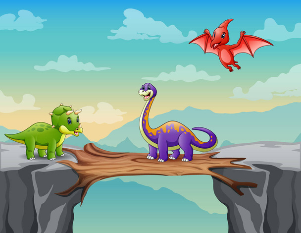 Dibujos animados ilustración de dinosaurios en un acantilado - Vector, imagen