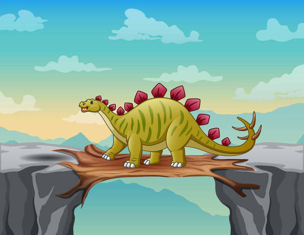 Dibujos animados un estegosaurio cruzando un puente de madera sobre un acantilado - Vector, Imagen