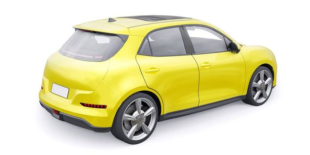 黄色のかわいい小さな電動ハッチバック車。3Dイラスト - 写真・画像