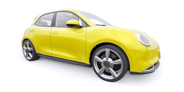 Żółty mały elektryczny hatchback. 3D ilustracja - Zdjęcie, obraz