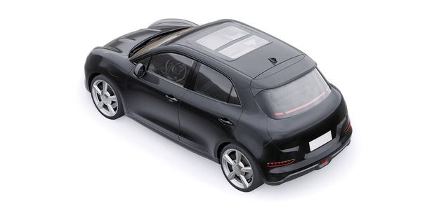 Zwarte schattige kleine elektrische hatchback auto. 3D illustratie - Foto, afbeelding