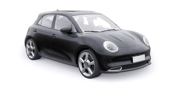 Μαύρο χαριτωμένο μικρό ηλεκτρικό αυτοκίνητο hatchback. 3D απεικόνιση - Φωτογραφία, εικόνα
