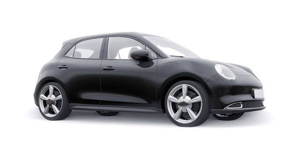 Μαύρο χαριτωμένο μικρό ηλεκτρικό αυτοκίνητο hatchback. 3D απεικόνιση - Φωτογραφία, εικόνα