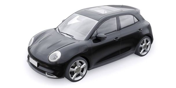 Negro lindo pequeño coche hatchback eléctrico. Ilustración 3D - Foto, Imagen