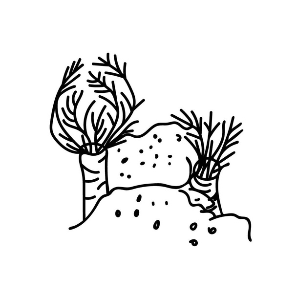 Векторная простая иллюстрация с кораллами на белом изолированном фоне. Океан, летняя подводная животная рука нарисована в стиле каракулей. Дизайн для открыток, наклеек, пакетов, социальных сетей, паутины, раскраски. - Вектор,изображение