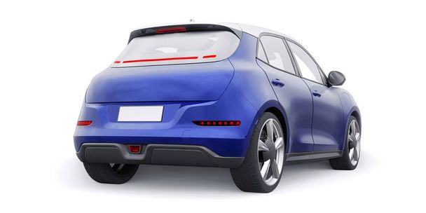 Azul lindo pequeño coche hatchback eléctrico. Ilustración 3D - Foto, Imagen