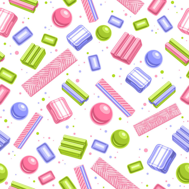 Vector Bubble Gum Seamless Pattern, quadratischer, sich wiederholender Bubblegum-Hintergrund für Kindertextilien, Poster mit ausgeschnittenen Illustrationen vieler flacher Blasengummis und verschiedener Bonbons auf weißem Hintergrund - Vektor, Bild