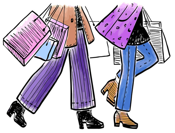 Açık havada alışveriş torbalarıyla yürüyen iki şık şehir kadınının bacaklarının suluboya çizimiyle ana hatlarıyla. - Vektör, Görsel