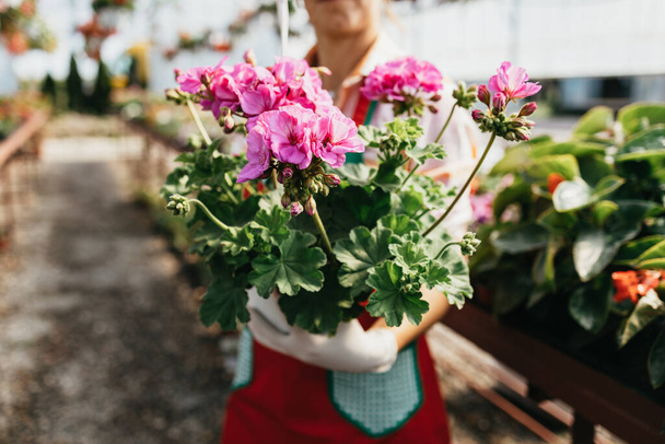 Ευτυχισμένη και θετική νεαρή ενήλικη γυναίκα που εργάζεται στο θερμοκήπιο και απολαμβάνει όμορφα λουλούδια. - Φωτογραφία, εικόνα