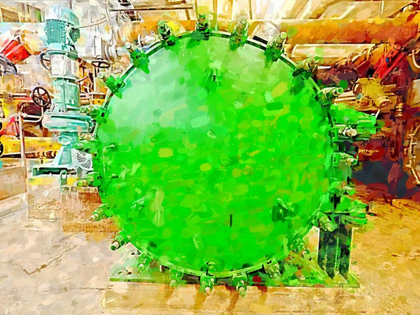 Πράσινη δεξαμενή νερού. Μεγάλος εναλλάκτης θερμότητας σε ένα βιομηχανικό κελάρι. Πολλοί σωλήνες και αντλίες. Υδατογραφία. - Φωτογραφία, εικόνα