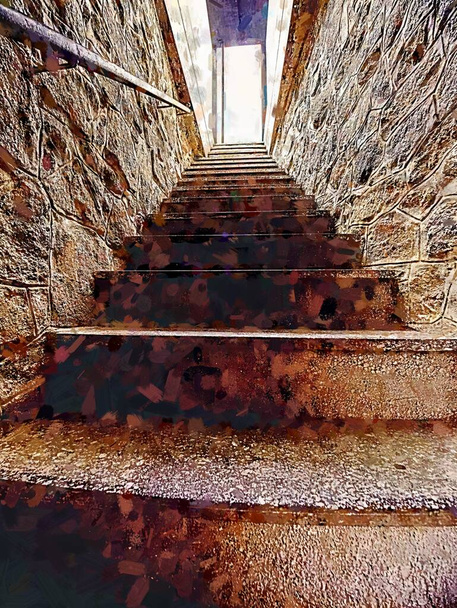 Escadaria íngreme que conduz ao subterrâneo do castelo medieval. Entrada de caixa de vidro. Tinta aquarela. - Foto, Imagem