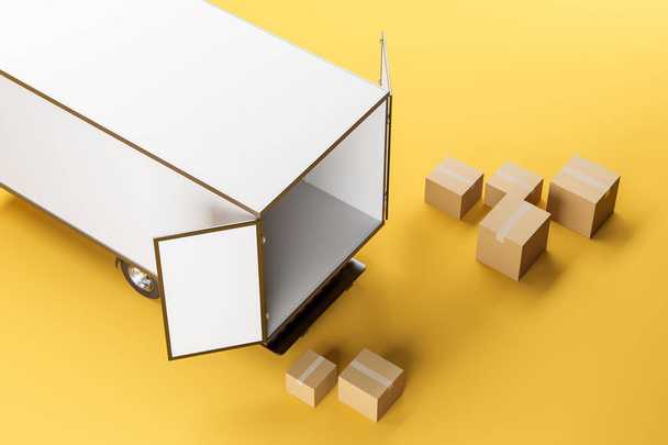 Top view of delivery van, empty trailer with cardboard boxes on the floor. Yellow background. Concept of shipment. Open truck with free space. Mock up copy space, 3D rendering - Fotó, kép