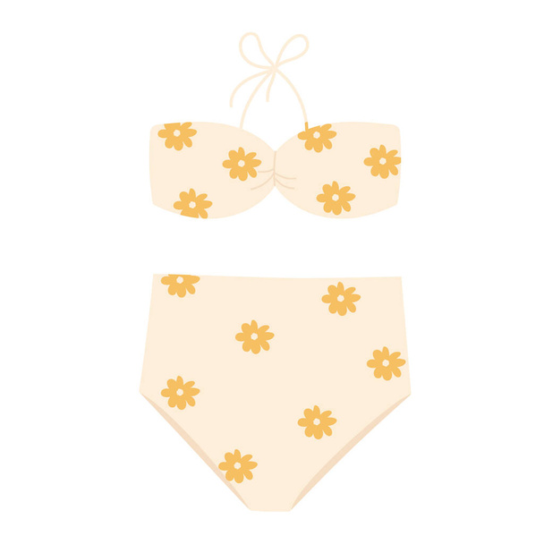 Dámské skvostné plavky: bikiny nahoře a dole. Stylové dámské béžové plavky se žlutými květy. Retro plážové oblečení. Vektorová ilustrace v kresleném stylu. Izolováno na bílém pozadí - Vektor, obrázek