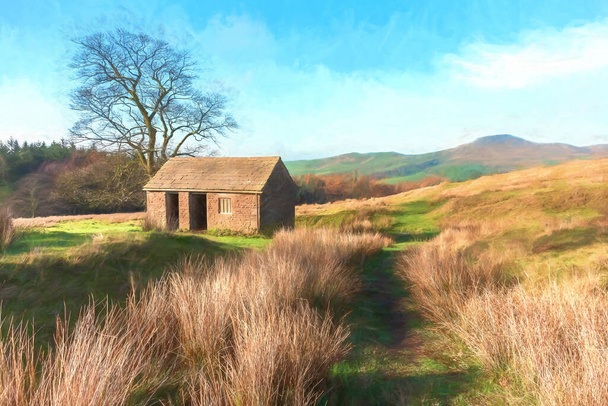 Uma aquarela digital da vista para uma colina distante Shutlingsloe em Cheshire, Peak District National Park. - Foto, Imagem