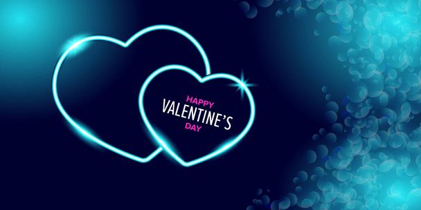 Valentines day greeting horizontal banner with blue neon heart and glowing azure petals isolated on background. Valentines day poster or greeting card with shiny blue layout and beautiful heart - Вектор,изображение