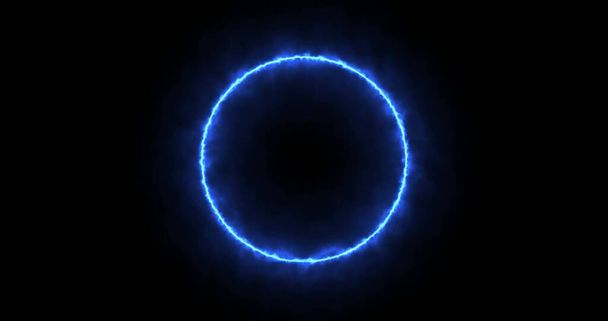 blue neon ring of lightning, energy on a black background. 3d image Abstract energy circle with lightning discharges. Gradually, a blue ring appeared and a constant glow in the circle. - Photo, Image
