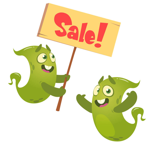 Funny cartoon ghosts holding SALE sign. Vector illustration - Vector, Image