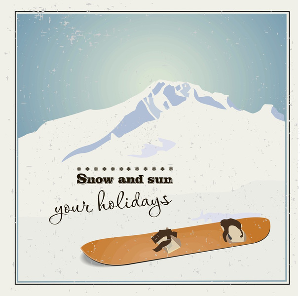Montagnes et vieux snowboard dans la neige
 - Vecteur, image