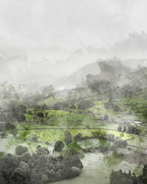 Pittura digitale ad acquerello di bella immagine del paesaggio attraverso la valle Derwentwater con pioggia che cade alla deriva attraverso le montagne sulla lussureggiante campagna verde sottostante - Foto, immagini