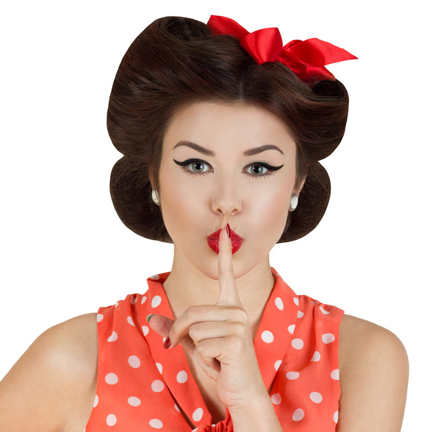 Pin-up style girl with finger on lips - Foto, Imagem