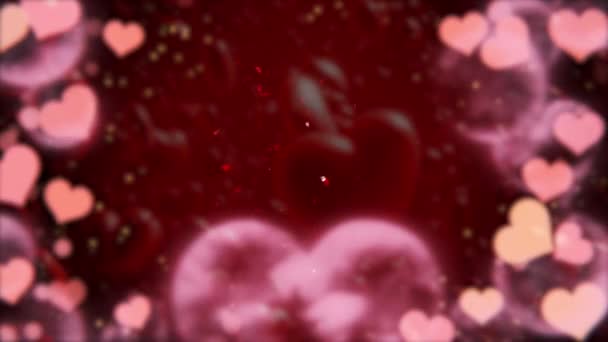 Valentijnsdag geanimeerde wenskaarten. Gelukkige Valentijnsdag animatie achtergrond. Hartvormige deeltjes en 3D-harten achtergrond met tekst begroeting verschijnen op de voorgrond - Video