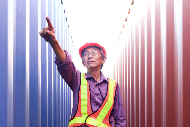 Portrét staršího asijského dělníka, inženýra v bezpečnostní vestě a helmě, ukazující na kameru, stojící mezi červenými a modrými kontejnery na pozadí logistického nákladního prostoru. - Fotografie, Obrázek