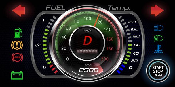 Vector illustratie van een realistisch dashboard. Het begrip snelheid. Autodisplay met bedieningsindicatoren. - Vector, afbeelding