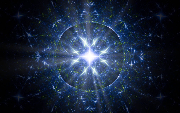 abstracte illustratie achtergrond afbeelding fantastisch universum met een heldere lichtflits van binnenuit en vele quasar sterren in blauw, lila kleur. - Foto, afbeelding