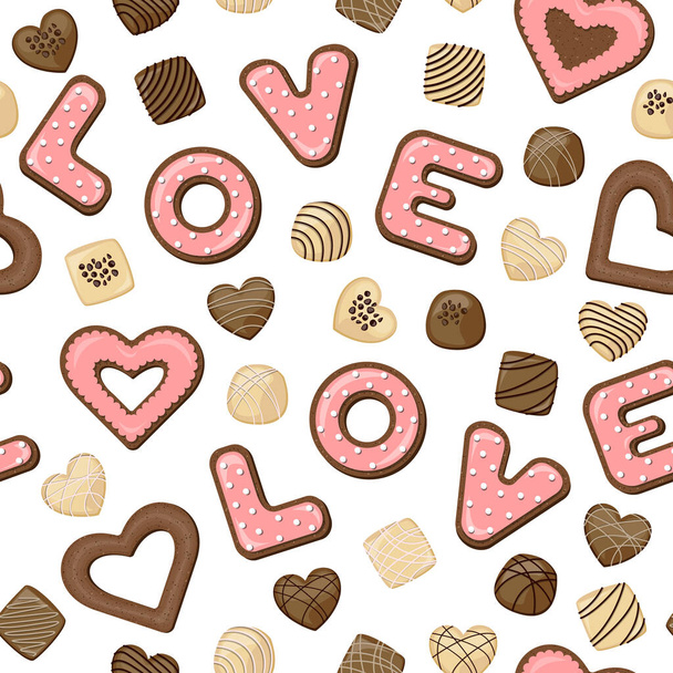 Vector seamless pattern of cookies in the form of letters love with coral glaze and milk chocolates isolated on white. - Vector, Image