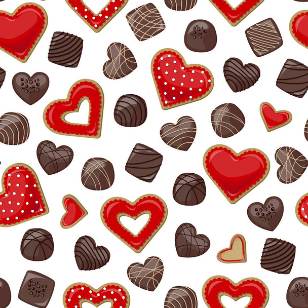 Vector seamless pattern. Heart shaped cookies with red glaze and dark chocolates isolated on white background. - Vettoriali, immagini