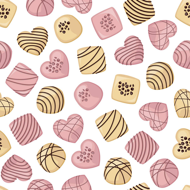 White and pink chocolate candies of different shapes on white background. Vector seamless pattern. - Vettoriali, immagini