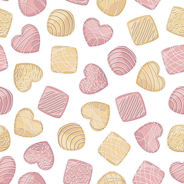 Patrón sin costura vectorial de caramelos de chocolate blanco y rosa de varias formas. - Vector, Imagen