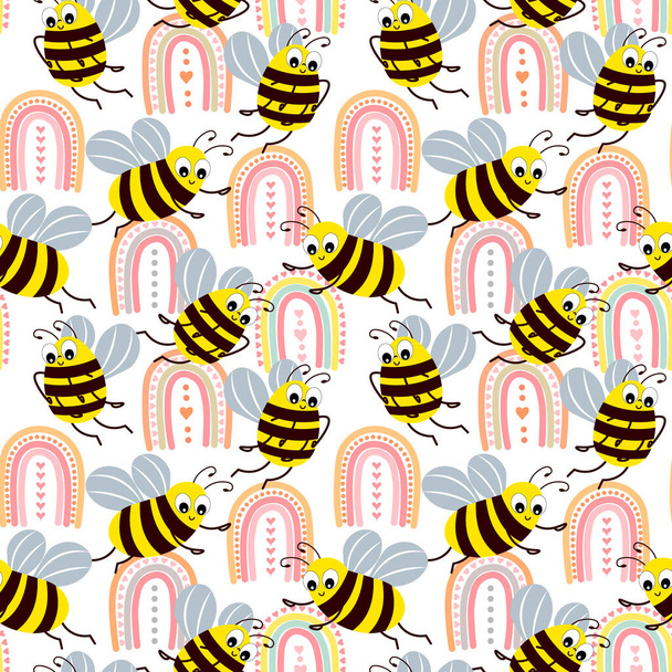 Nahtloses Muster, süße lustige Bienen und Regenbogen. Kindertextilien, Print, Dekor Kinderzimmer - Vektor, Bild