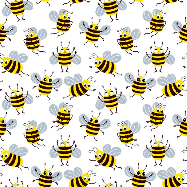 Бесшовный рисунок, милые смешные пчелы на белом фоне. Детский текстиль, печать, декор детской спальни - Вектор,изображение