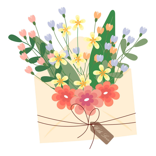 Святкова ілюстрація, милий конверт з дикими квітами та ярлик з написом, листівка на 8 березня. Пастельні кольори
 - Вектор, зображення