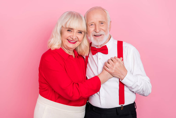 Photo of spouses pensioner retired lady touch heart man wear stylish trendy shirt isolated pastel color background - Valokuva, kuva