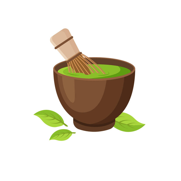 Matcha in the cup. Tea whisk. Japanese ceremony. Vector illustration isolated on white background. - Vecteur, image