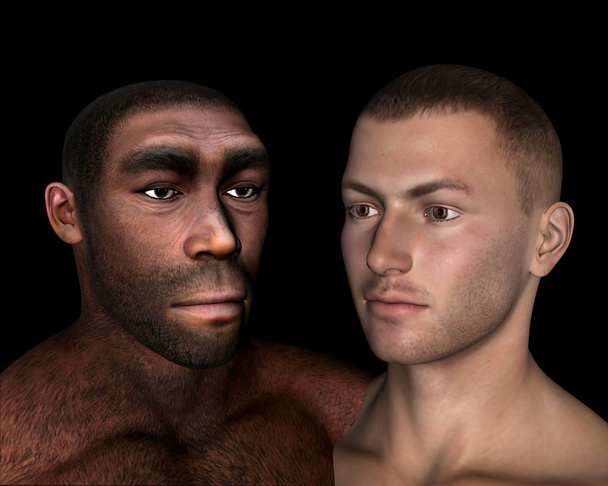 Comparación de Homo erectus y sapiens - 3D render
 - Foto, imagen