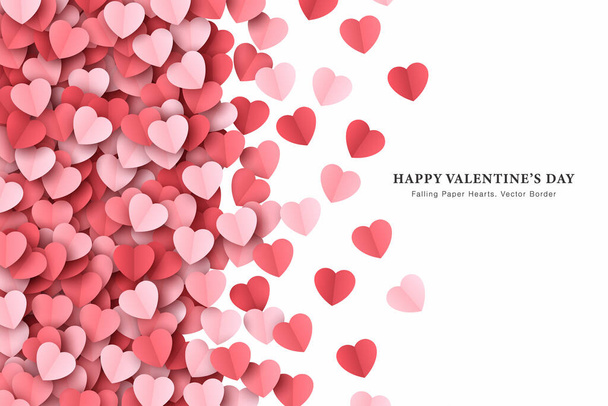 Scattered Papercut Heart Confetti Vector Valentines Day Border Isolated On White - Vector, Image