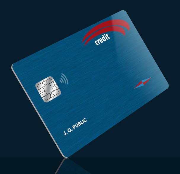 Voici une fausse carte de crédit ou de débit générique qui est bleue avec l'apparence des fibres qui traversent la conception. Ceci est une illustration en 3-d et un design moderne pour 2022. - Photo, image