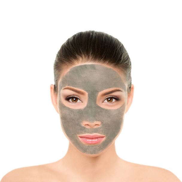 Clay mask purifying mud facial treatment for women. Asian beauty woman face for cleansing skin product. Natural cleaning cream for skincare wellness glow to remove impurities, blackheads - Foto, afbeelding