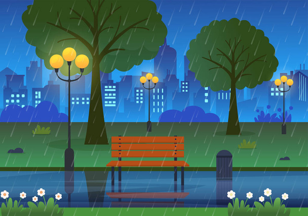 Tormenta de lluvia Vector de fondo Ilustración en tiempo lluvioso con paisaje Paisaje urbano o parque y lugar público vacío con charco para pancarta o póster - Vector, imagen