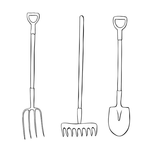 Vector set of outline garden tools: rake, pitchfork, shovel, doodle style, isolated. Equipments for working in the garden, on farm, dacha, country site - Vector, Image