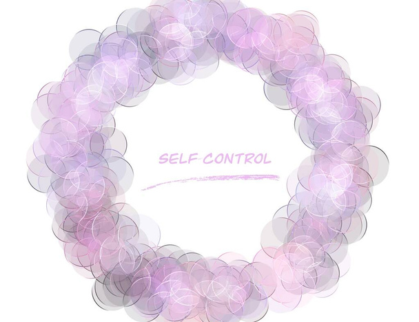 Illustrazione astratta di un cerchio formato da molti cerchi concentrici in rosa pastello e lilla su sfondo bianco e con la frase motivante di autocontrollo al centro. - Foto, immagini