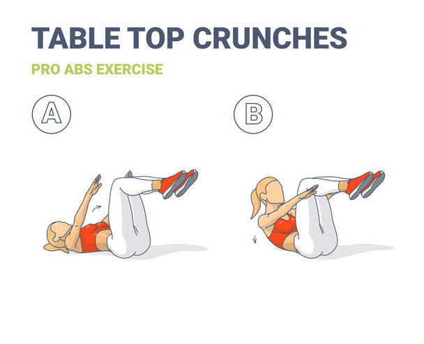 Girl Doing Tabletop Crunch o Double Crunches Guía de ejercicio en dos etapas. - Vector, imagen