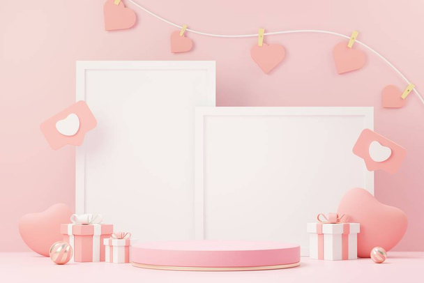 3d render minimal sweet scene with display podium for mock up and product brand presentation. Pink Pedestal stand for Valentine's Day's theme. Cute lovely heart background. Love day's design style. - 写真・画像