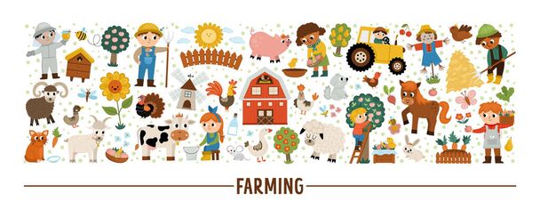 Векторная ферма с фермерами и животными. Шаблон карточки сельской местности или дизайн местного рынка для баннеров, приглашений. Милая деревенская иллюстрация с сараем, коровой, трактором, свиньей, курицей, флове - Вектор,изображение