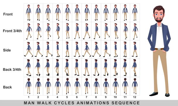 Gehanimation des Geschäftsmannes, Character Walk Cycle Animation Sequence. Frame für Frame Animation Sprite Sheet. Mann geht Sequenzen von Front, Seite, Rücken, vorne drei Viertel und hinten drei Viertel. - Foto, Bild